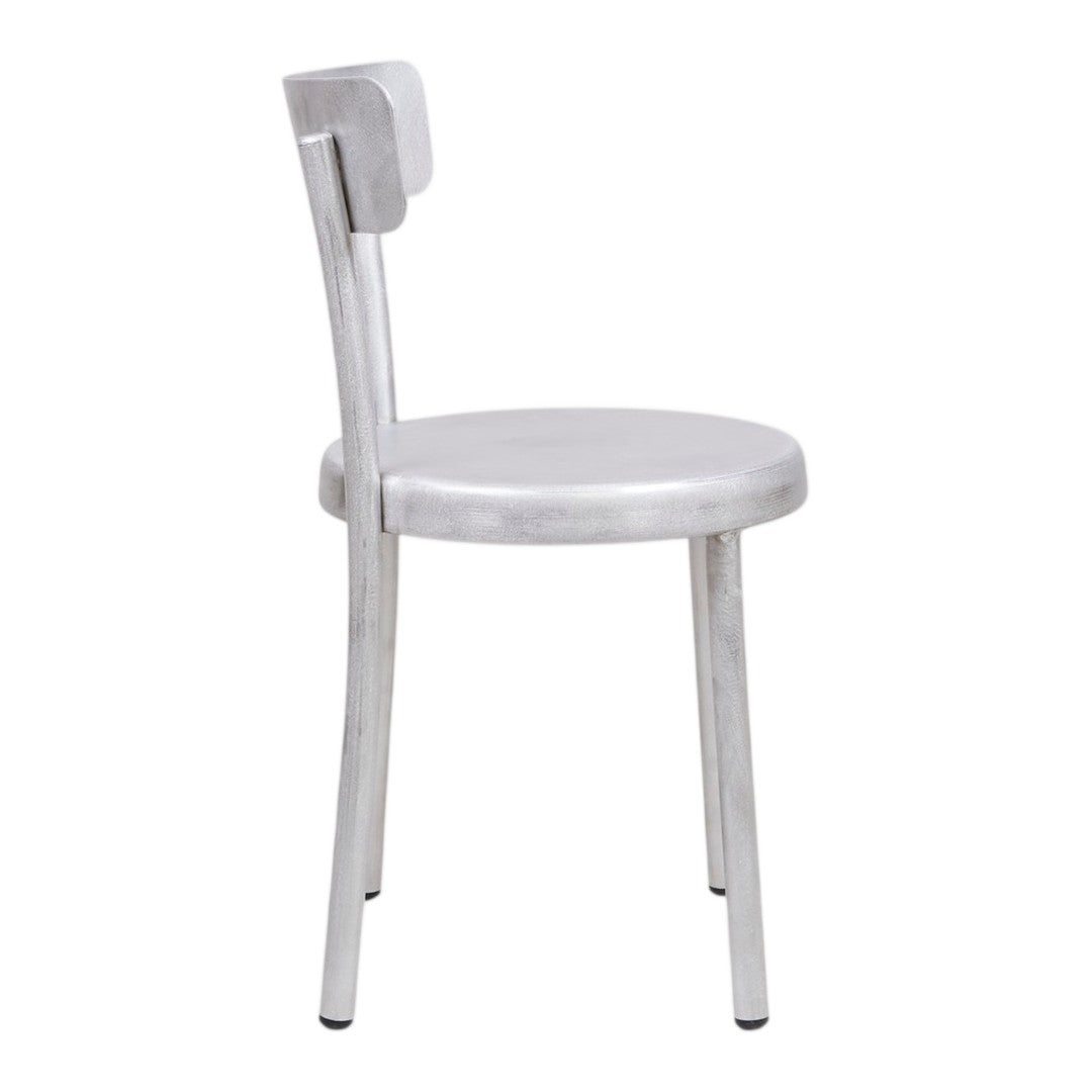 Silver metal chair with a smooth, sleek surface and minimalist design.