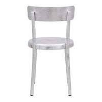 Silver metal chair with a sleek, minimalist design and smooth finish. Perfect for modern decor.