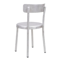 Silver metallic chair with a sleek, minimalist design and smooth, shiny finish. Ideal for modern decor.