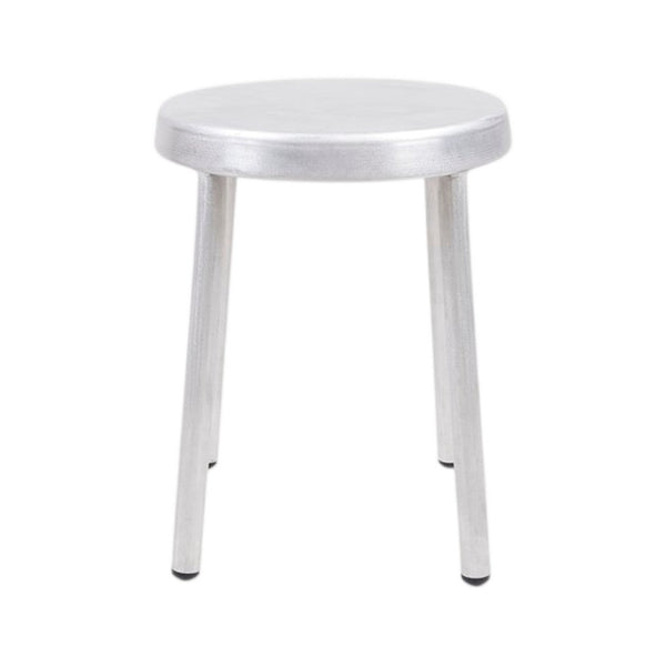 Silver, round metal stool with a sleek, minimalist design and three sturdy legs. Perfect for modern decor.