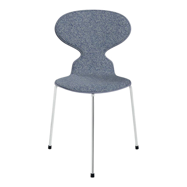 Blue patterned chair with a unique shape and sleek metal legs, perfect for modern decor.