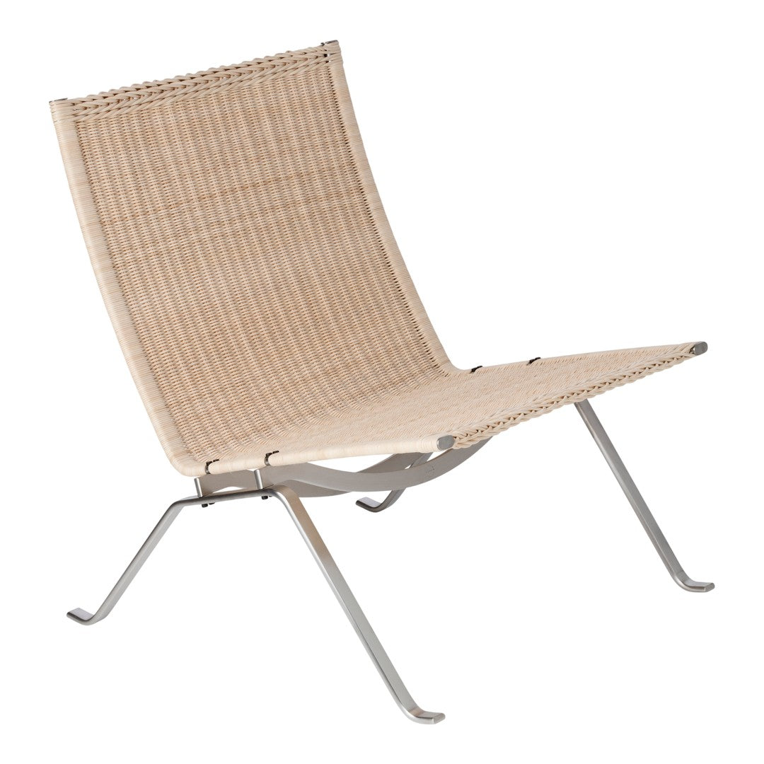 Light beige woven fabric chair with a minimalist design and sleek silver metal legs. Perfect for modern decor.