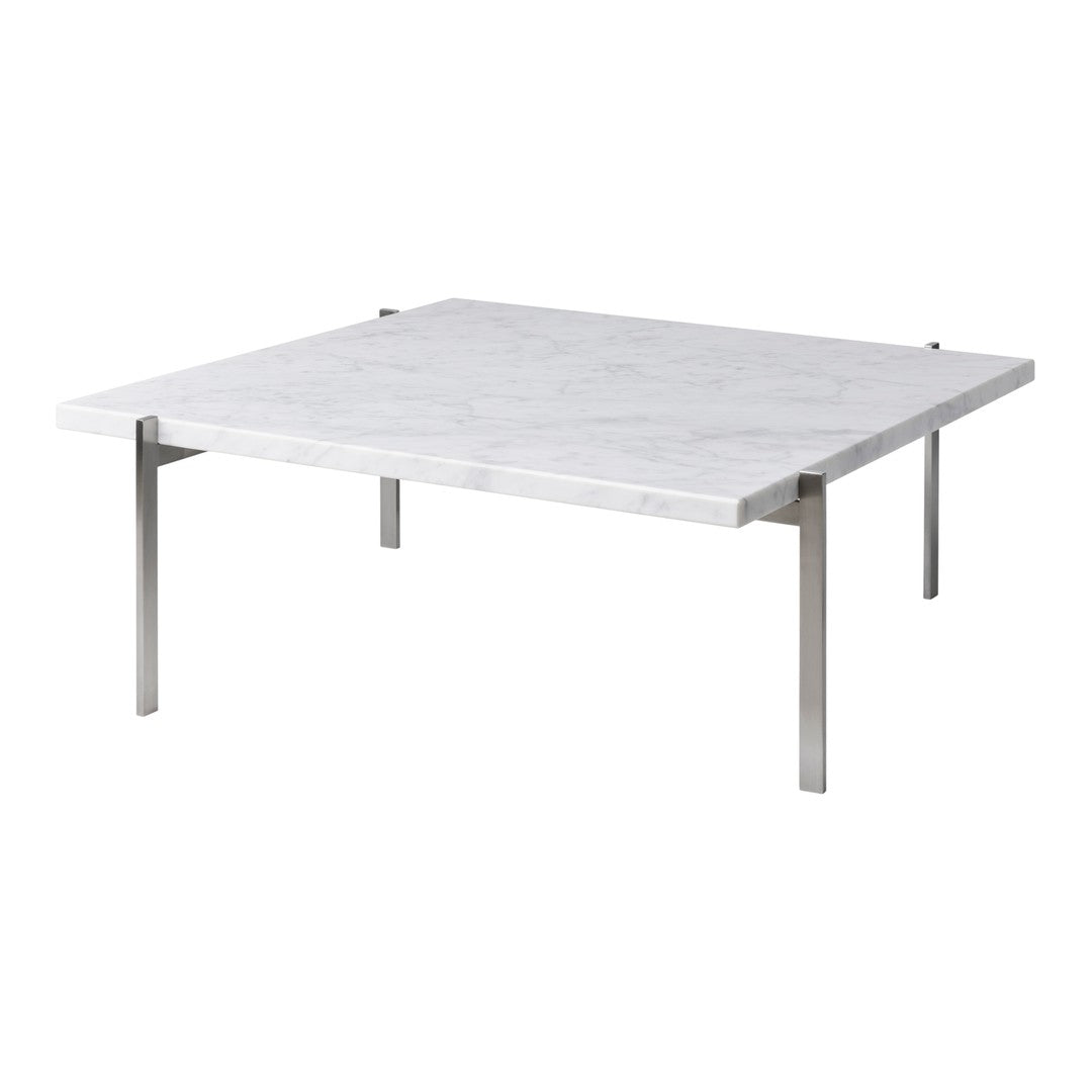White marble coffee table with a sleek silver metal frame, featuring a minimalist square design. Ideal for modern decor.