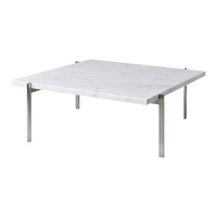 White marble coffee table with a sleek silver metal frame, featuring a minimalist square design. Ideal for modern decor.