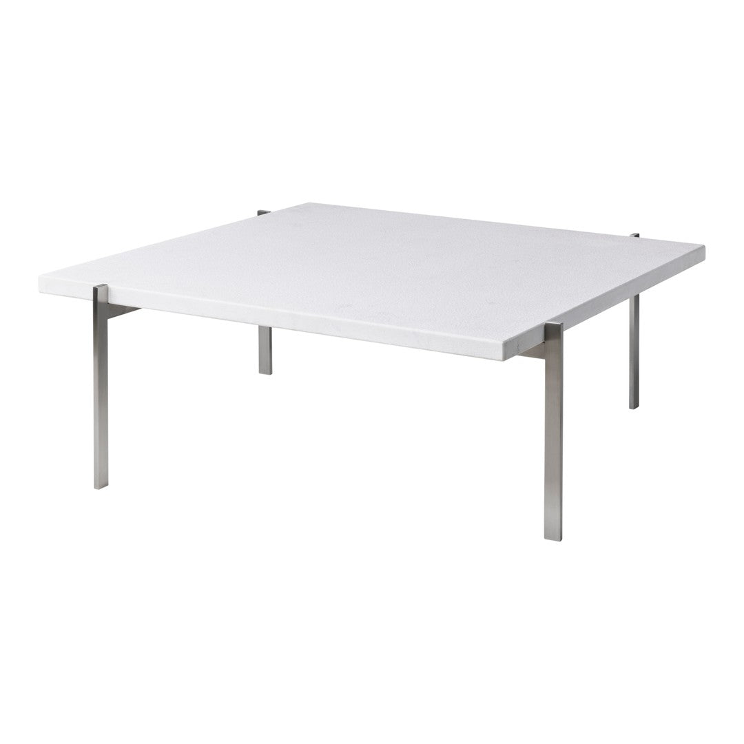 Modern square coffee table with a sleek white surface and stainless steel legs. Minimalist design.