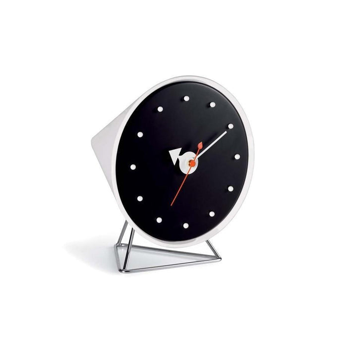 Modern black wall clock with white accents and red hands, featuring a sleek round shape and minimalist design.