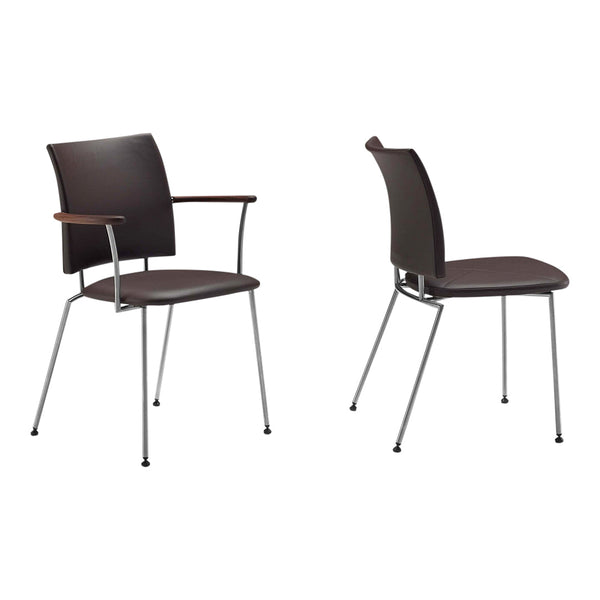 Brown upholstered chair with sleek chrome legs and wooden armrests, showcasing a modern, minimalist design.
