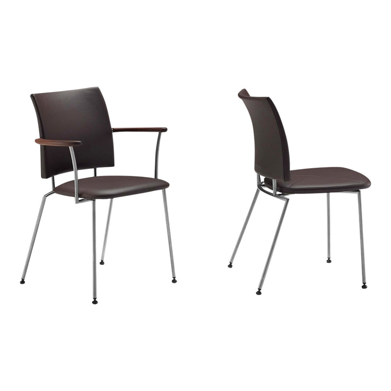 Brown upholstered chair with sleek chrome legs and wooden armrests, showcasing a modern, minimalist design.
