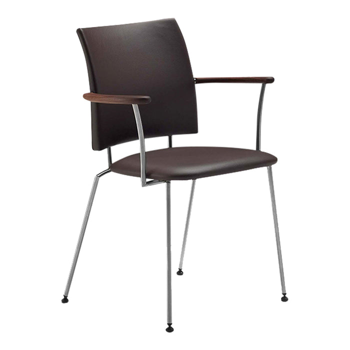Brown upholstered chair with sleek chrome legs and wooden armrests, featuring a modern, minimalist design.