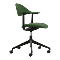 Green ergonomic office chair with a sleek black base and rolling casters. Ideal for modern workspaces.