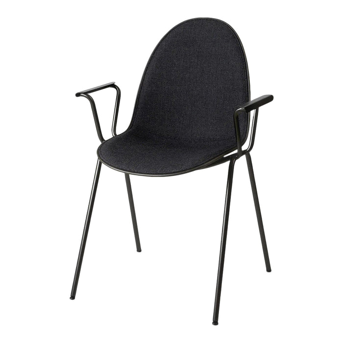 Black upholstered chair with a smooth surface and minimalist metal frame, featuring sleek, modern lines.