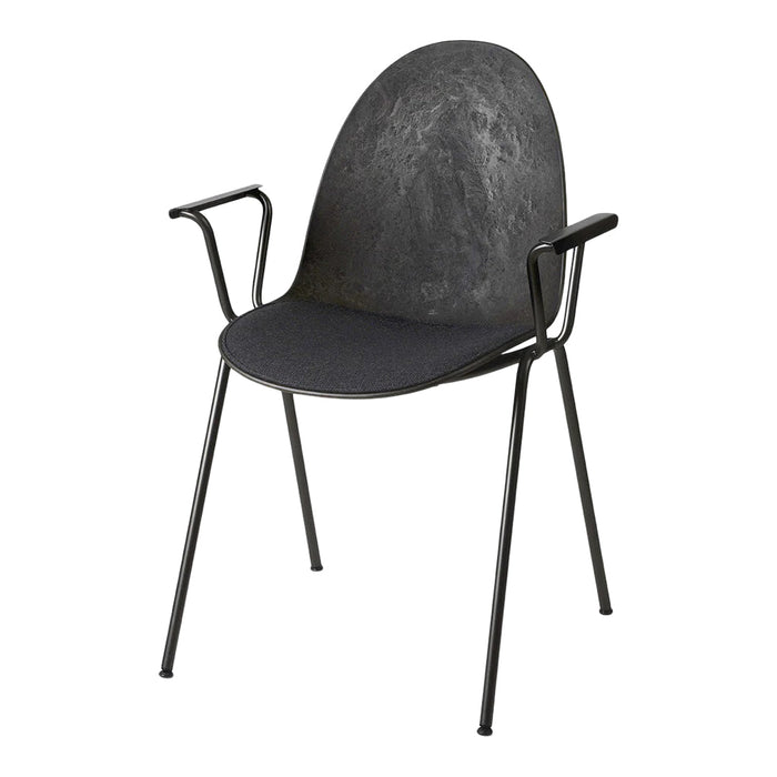 Black molded chair with a smooth finish and matte texture, featuring minimalist black metal arms and legs.