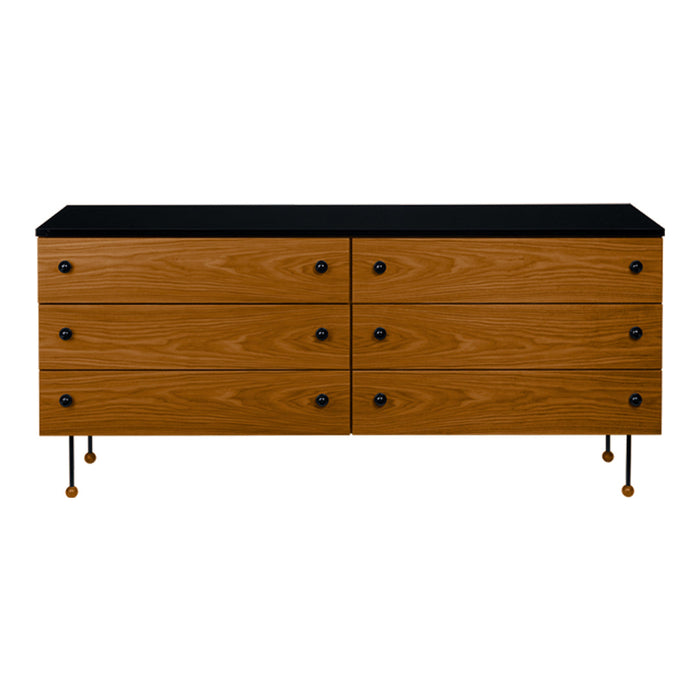 Wooden dresser in warm brown with black top and simple black knobs, featuring a sleek, modern design.