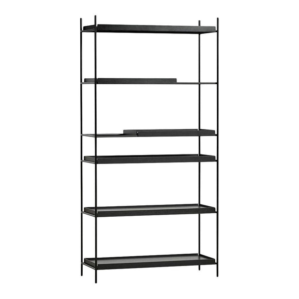 Black metal shelving unit with sleek, minimalist design and five horizontal shelves. Modern industrial style.
