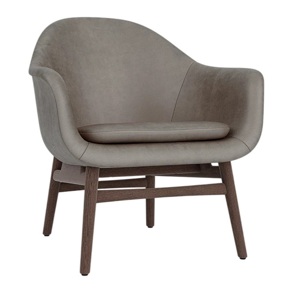 Gray upholstered chair with a smooth finish and wooden legs, featuring a modern ergonomic design.