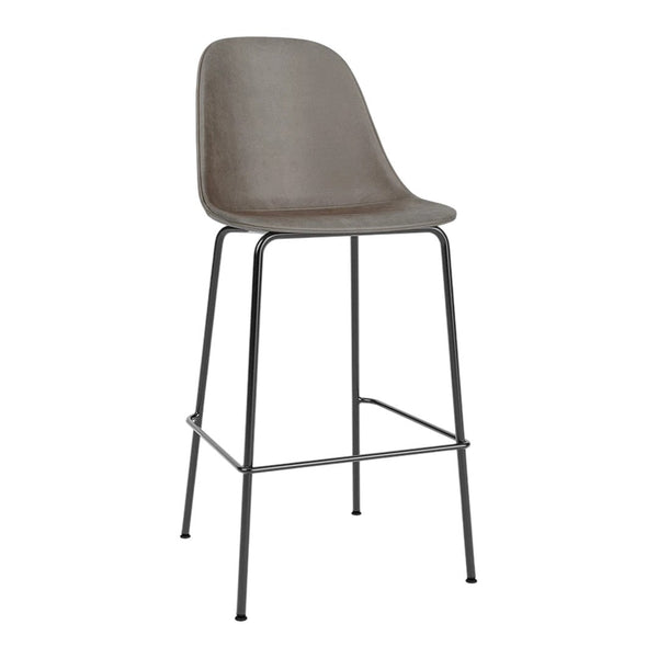 Gray upholstered bar stool with a sleek metal frame, featuring a minimalist design and smooth, soft finish.