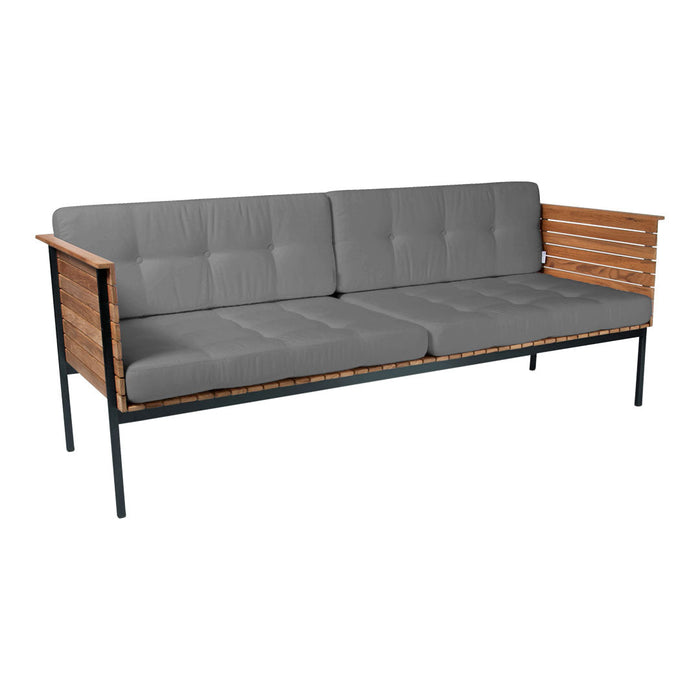 Gray upholstered three-seater sofa with a wooden slat armrest and a sleek black metal frame.