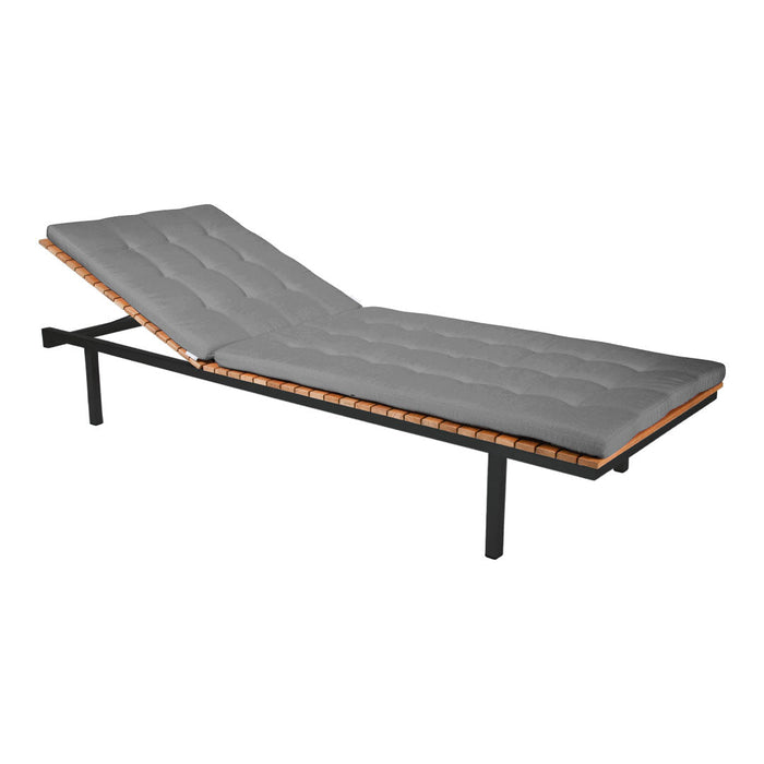 Gray tufted lounge chair with black metal frame and contrasting orange trim details. Ideal for outdoor relaxation.