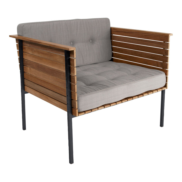 Modern gray cushion with wooden slat accents and black metal legs for a sleek, contemporary look.