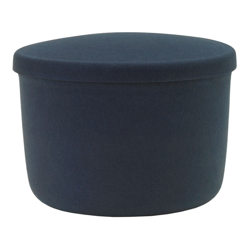 Navy blue fabric storage ottoman with a smooth, solid pattern and a rounded top for stylish organization.