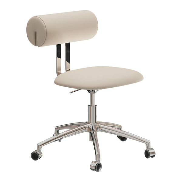 Beige upholstered office chair with a cylindrical backrest and chrome base, featuring a minimalist and modern design.