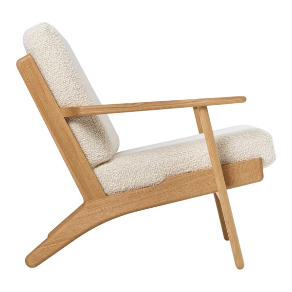 Light beige textured fabric with a natural wood frame, featuring minimalist design and clean lines.