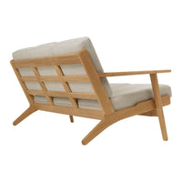 Light beige fabric cushions on a wooden frame with a natural finish and grid pattern. Modern Scandinavian design.