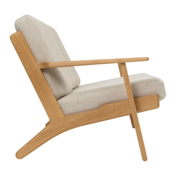 Light beige fabric upholstery with a smooth wooden frame featuring natural oak finish. Classic minimalist design.