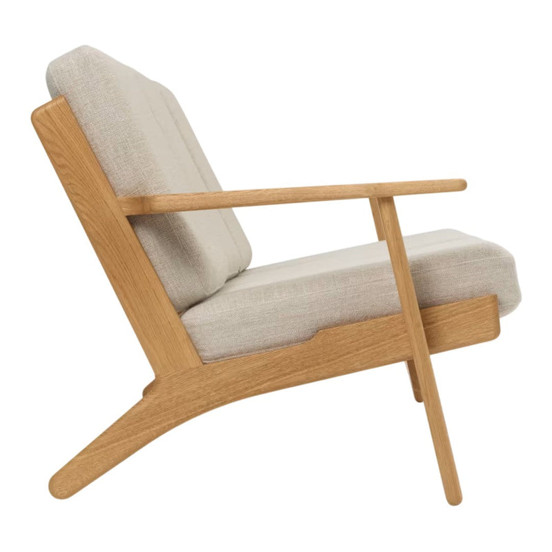 Light beige fabric upholstery with a smooth wooden frame featuring natural oak finish. Classic minimalist design.