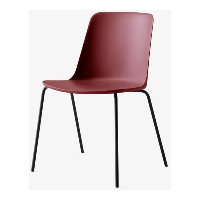 "Solid burgundy dining chair with sleek black metal legs, showcasing a modern minimalist design."