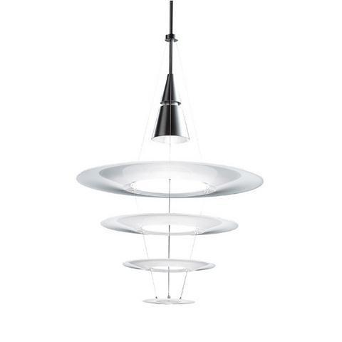 Sleek black pendant light with three tiered white circular shades and clear suspension for modern elegance.