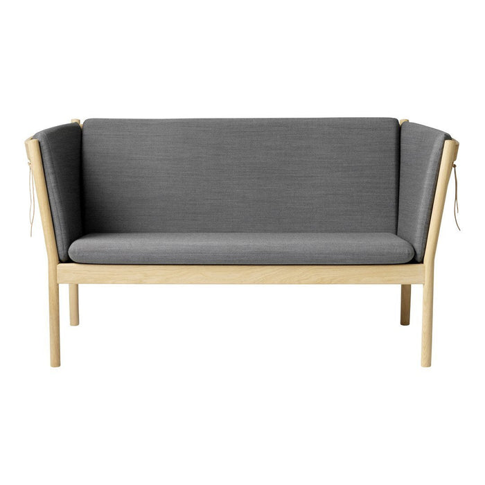 Gray fabric sofa with a minimalist design and light wooden frame, featuring clean lines and subtle patterns.