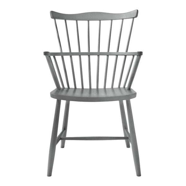 Gray wooden chair with a minimalist design and slatted backrest, showcasing a sleek, modern aesthetic.