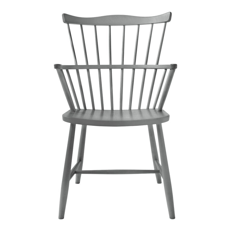 Gray wooden chair with a minimalist design and slatted backrest, showcasing a sleek, modern aesthetic.