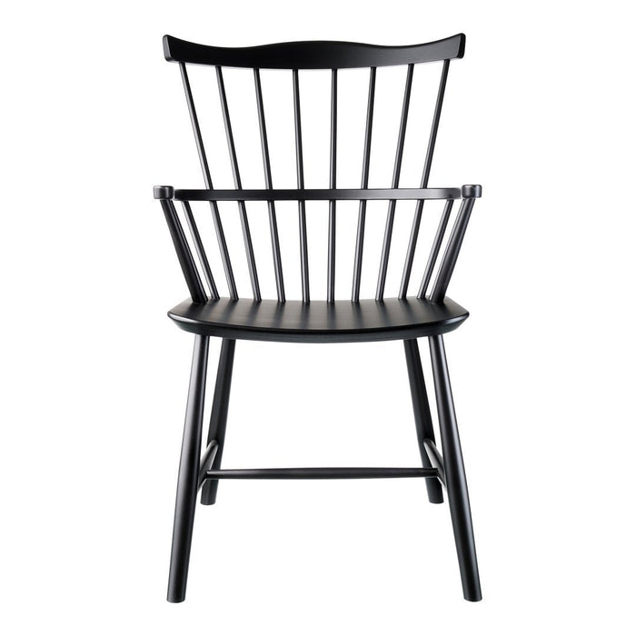 Black wooden chair with a sleek, minimalist design featuring vertical slats and a smooth, curved backrest.