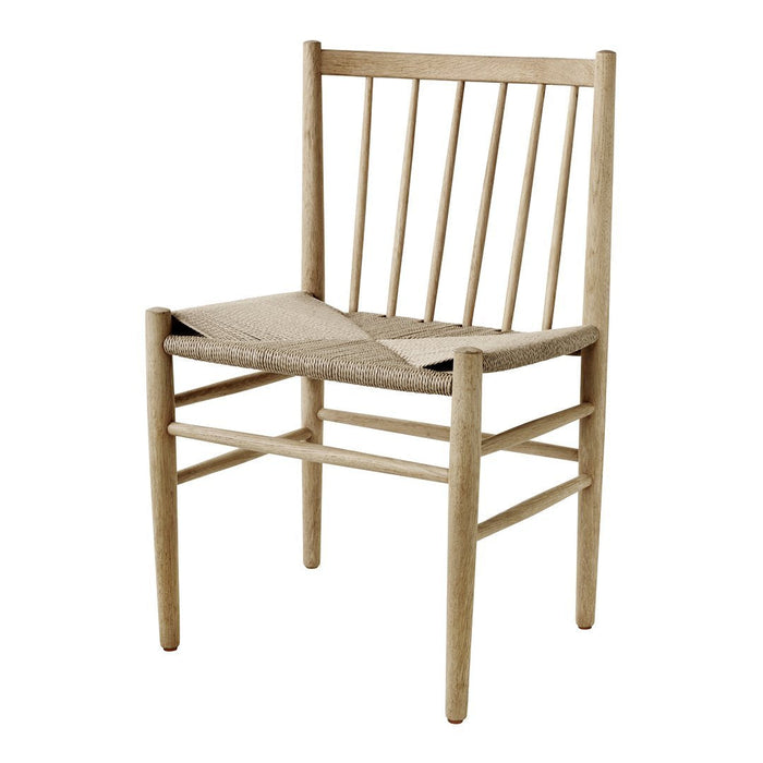 Natural wood chair with light beige tones and a minimalist design featuring vertical slats and a woven seat.