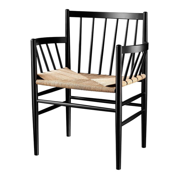 Black wooden chair with a woven natural fiber seat, showcasing a modern minimalist design.