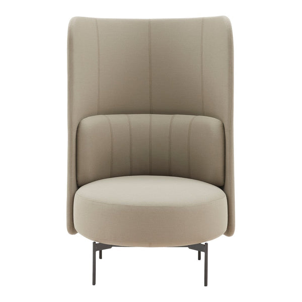 Beige modern chair with vertical panel stitching and a rounded seat, perfect for contemporary decor.