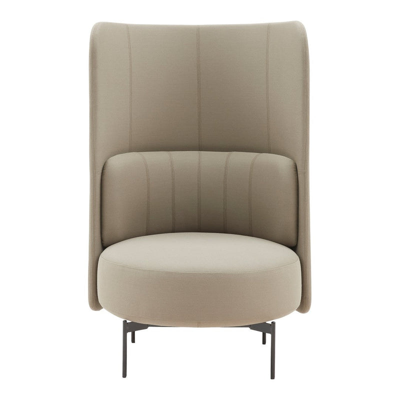 Beige modern chair with vertical panel stitching and a rounded seat, perfect for contemporary decor.