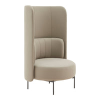Beige upholstered chair with subtle ribbed patterns and sleek black legs, ideal for modern interiors.