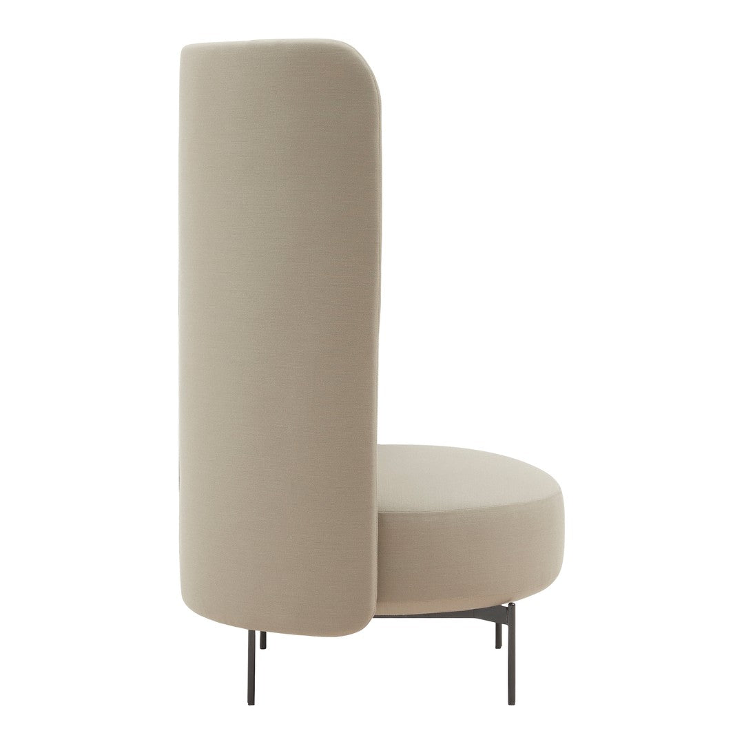 Beige upholstered chair with a sleek, modern design and minimalist pattern, featuring a round base and high back.