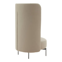 Beige upholstered chair with a smooth, minimalist design and subtle texture, featuring black metal legs for contrast.