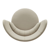 Beige circular chair with smooth, rounded lines and subtle stitching details, adding a soft, modern touch to any space.