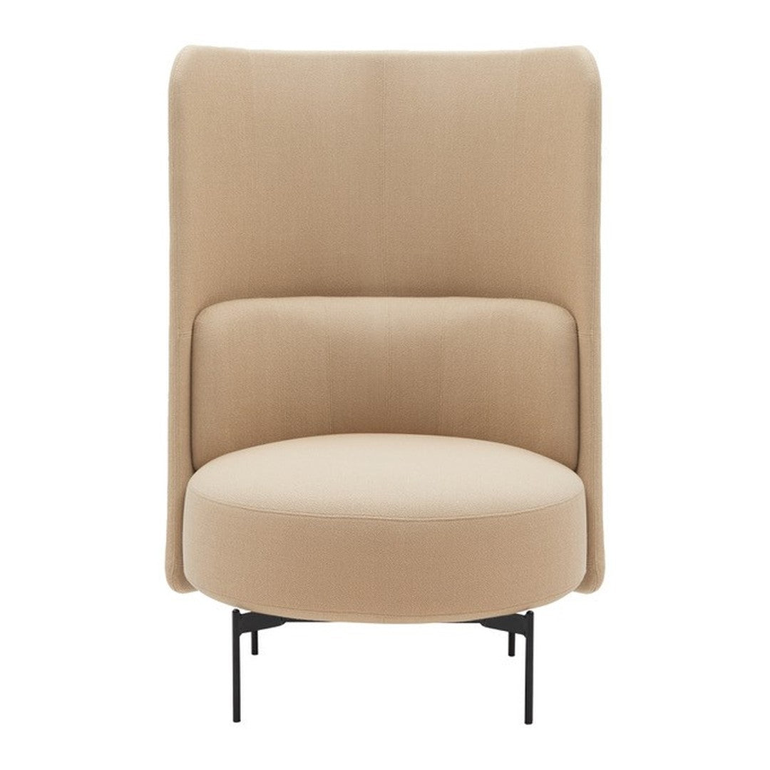 Beige upholstered chair with a smooth, rounded design and subtle textured patterns, set on black metal legs.