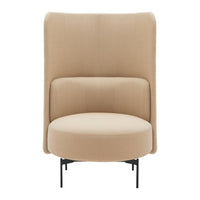 Beige upholstered chair with a smooth, rounded design and subtle textured patterns, set on black metal legs.