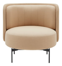 Beige upholstered accent chair with subtle texture and rounded shape, featuring minimalist black legs.