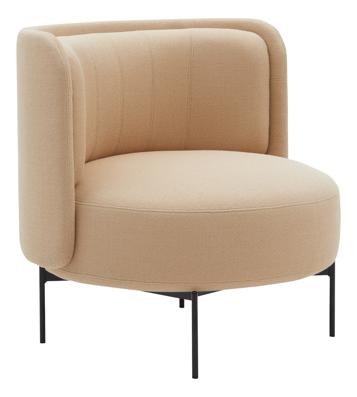 Beige upholstered armchair with a circular shape and textured fabric, resting on black metal legs.
