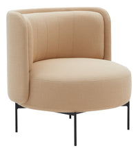 Beige upholstered armchair with a circular shape and textured fabric, resting on black metal legs.