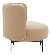 Stylish beige upholstered chair with a smooth texture, featuring a rounded design and sleek black metal legs.