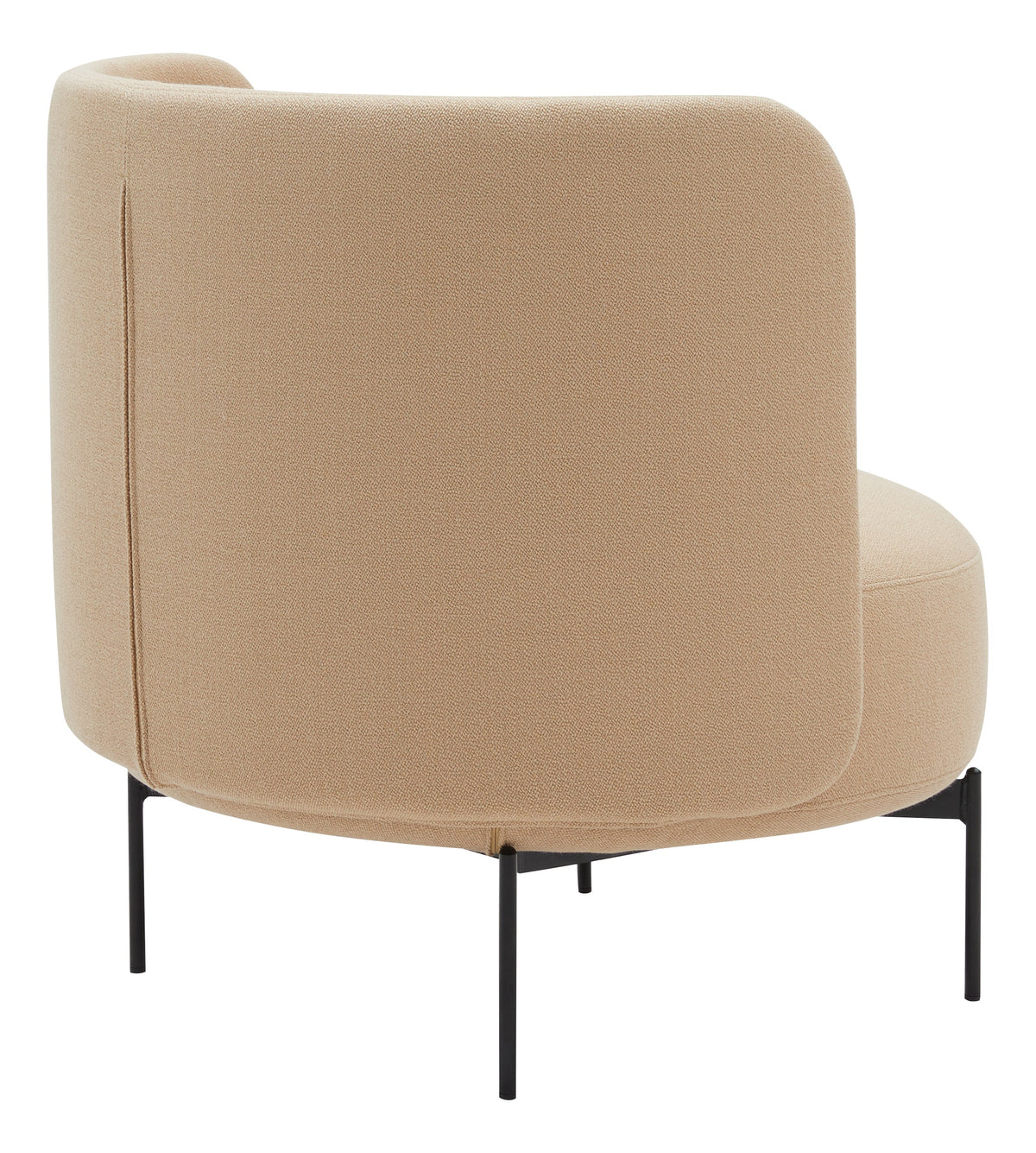 "Beige upholstered chair with a soft texture and sleek black metal legs, featuring a minimalist design."